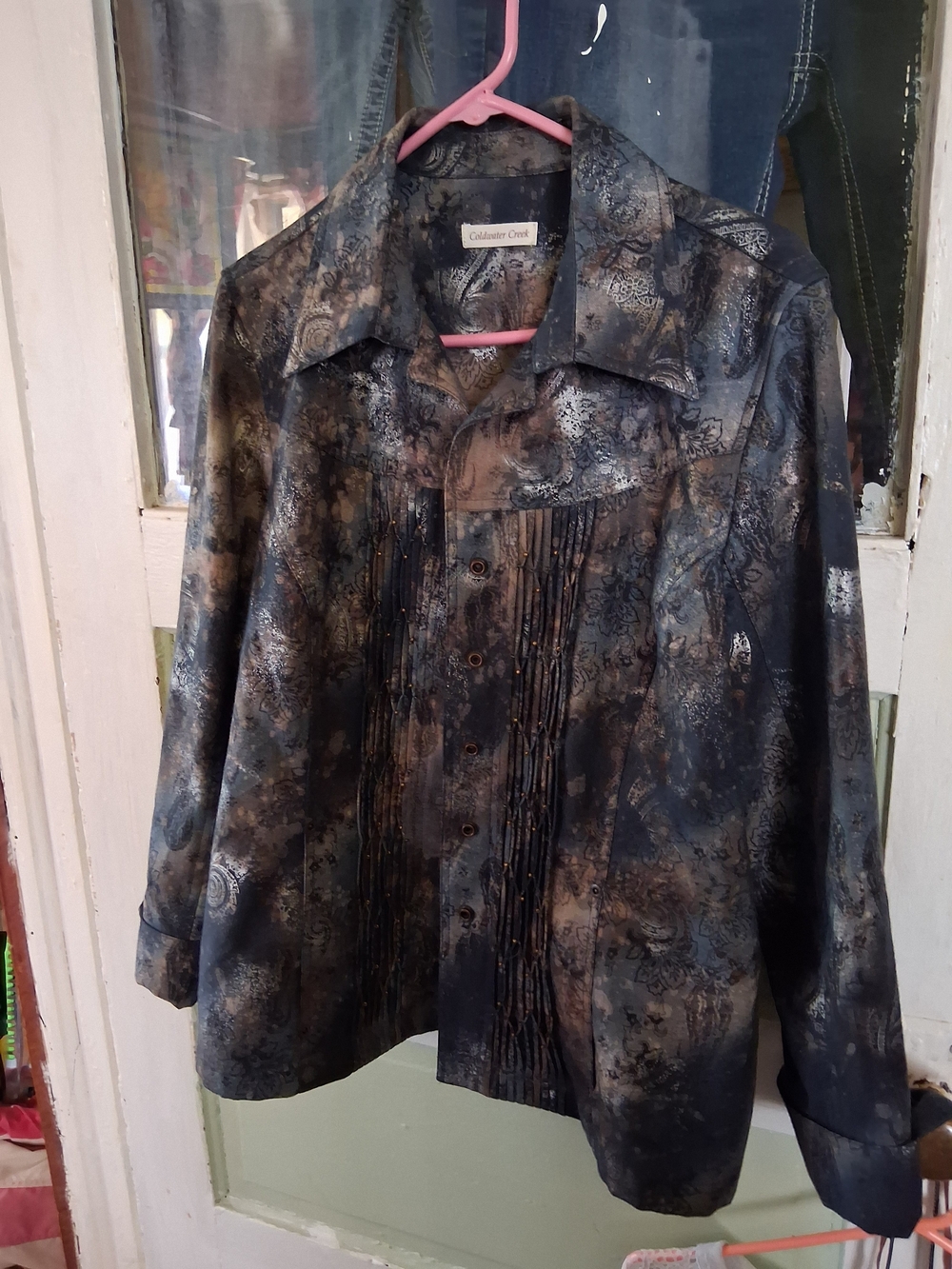 Coldwater Creek Black and Gray Patterned Fringe-Front Blazer